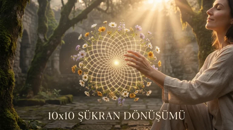 10x10 şükür pratiğinin derin içsel uyumunu temsil eden altın rengi parlayan enerji yolları