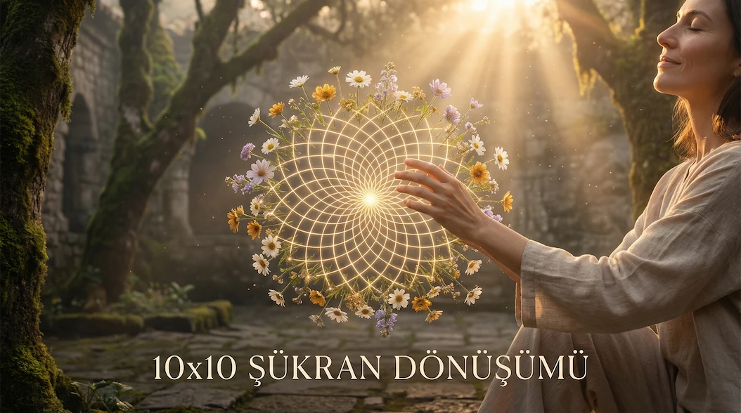 10x10 şükür pratiğinin derin içsel uyumunu temsil eden altın rengi parlayan enerji yolları