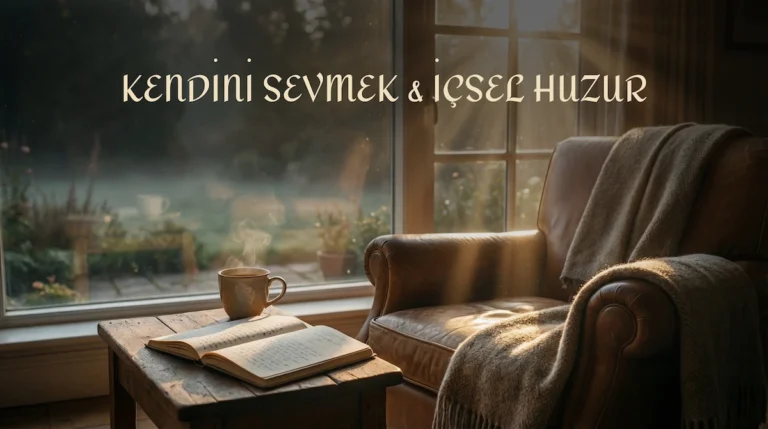 İç huzuru ve kendini kabullenmeyi temsil eden, sıcak sabah güneş ışığıyla aydınlanmış, huzurlu bir iç mekan sahnesi.