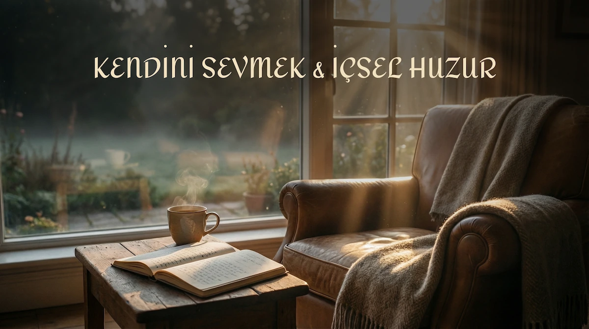 İç huzuru ve kendini kabullenmeyi temsil eden, sıcak sabah güneş ışığıyla aydınlanmış, huzurlu bir iç mekan sahnesi.