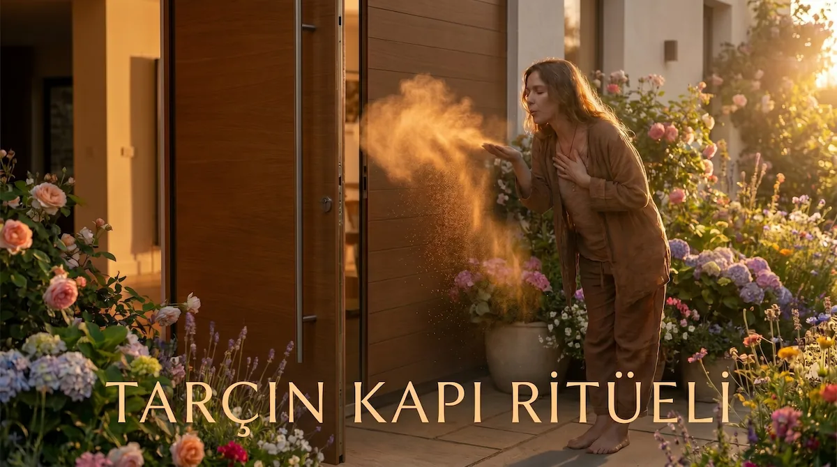 Sabahın ilk ışıklarında evinin açık kapısında duran ve avucundaki tarçını içeriye doğru üfleyen huzurlu bir kadın.