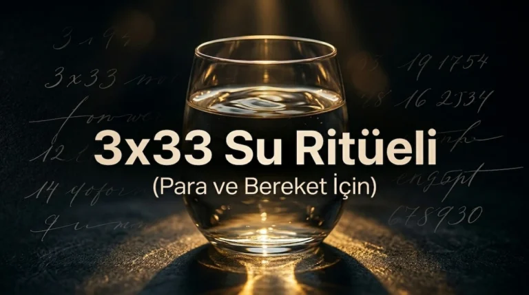 Karanlık zemin üzerinde altın rengi ışıkla aydınlanan su bardağı ve merkezinde 3x33 Su Ritüeli Para Bereket için yazısı.