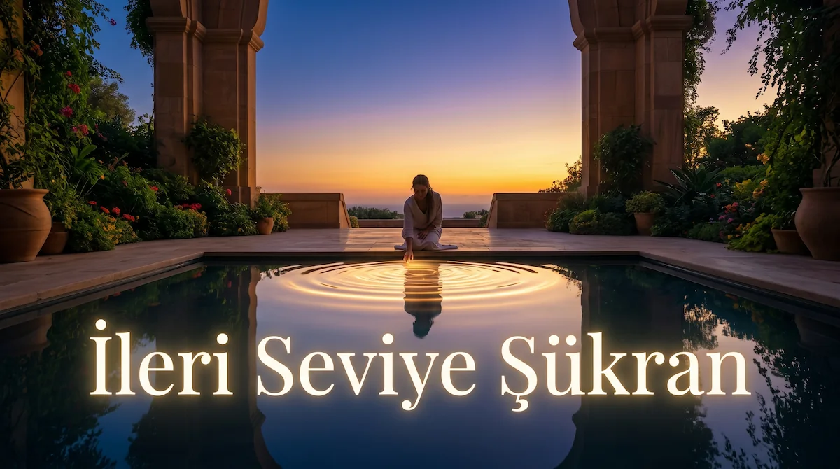 Gün doğumu ışığında açık hava taş bir kemerde durup elini kalbine koyarak şükran pratiği yapan huzurlu figür.