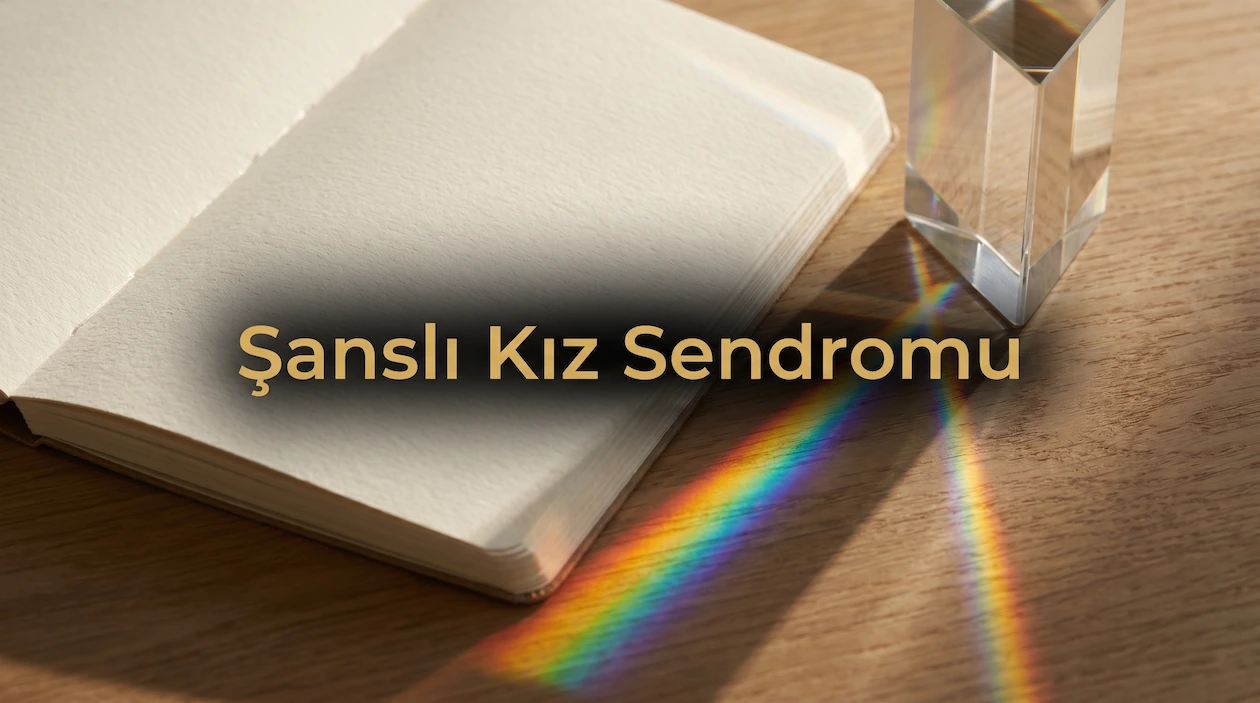 Ahşap masa üzerindeki deftere ışık kıran ve gökkuşağı yansıtan cam prizma.